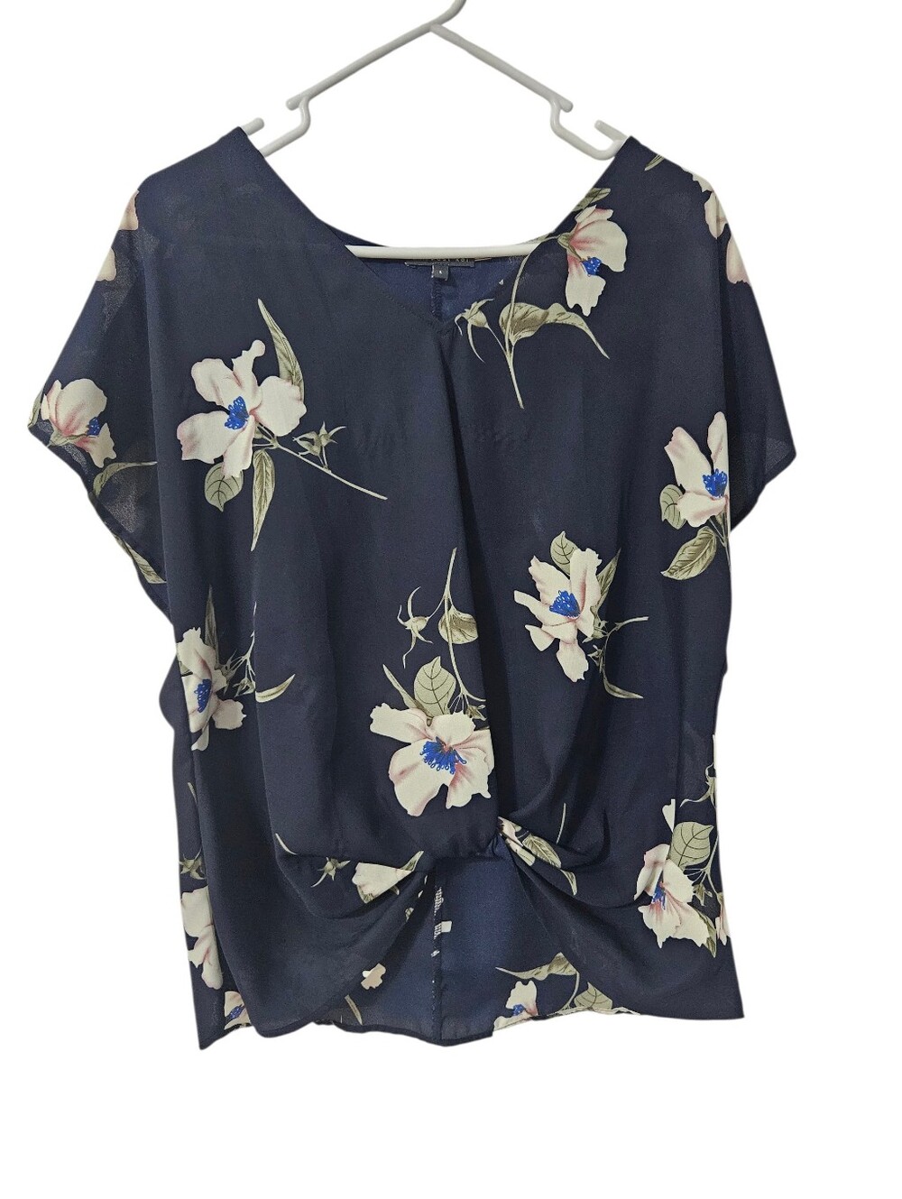 West Kei Size L by Allura, Twisted Hem Floral Blouse in Navy Blue Floral Print.